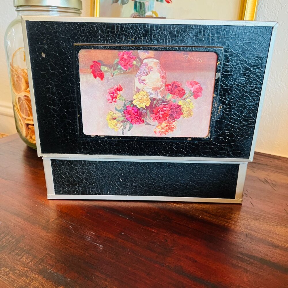 Antique 1920s Box Wood Metal Leather Floral Grandma Cottagecore Americana Histor - Picture 13 of 15